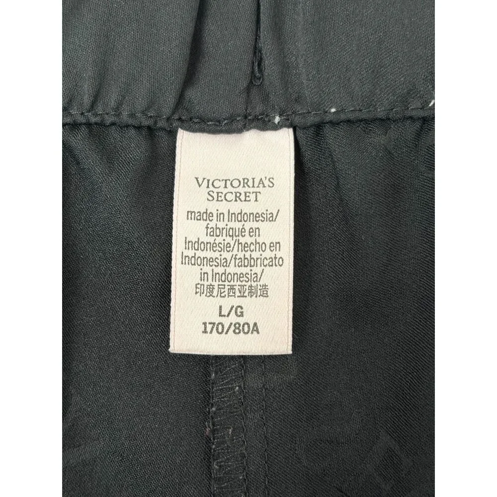 Victoria Secret Satin Pajama Shorts Black Logo Print Pink Piping Womens Large
